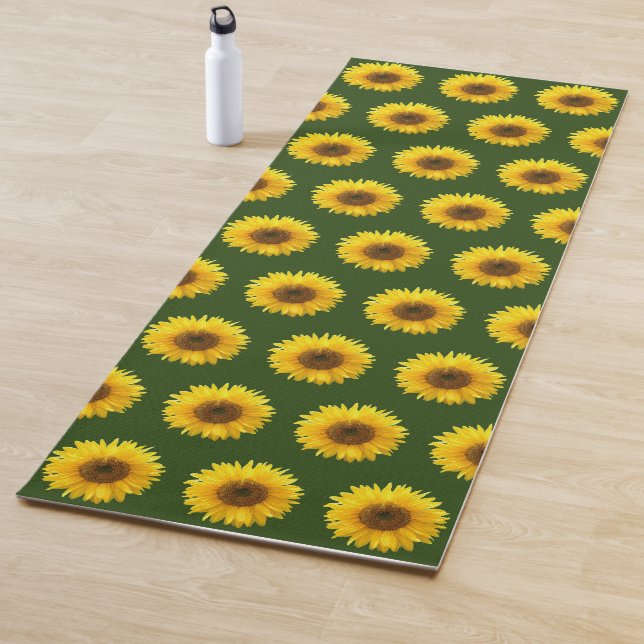 Beautiful sunflower pattern on forest green yoga mat (In Situ)