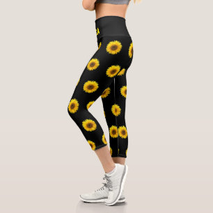 Beautiful Sunflower Pattern & Yoga Text on Black Capri Leggings