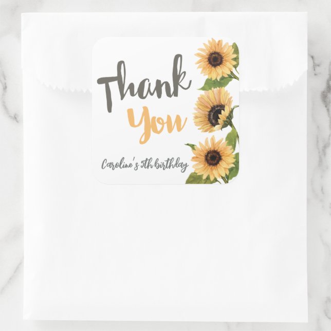 Beautiful Sunflower Watercolor Thank You Square Sticker (Bag)