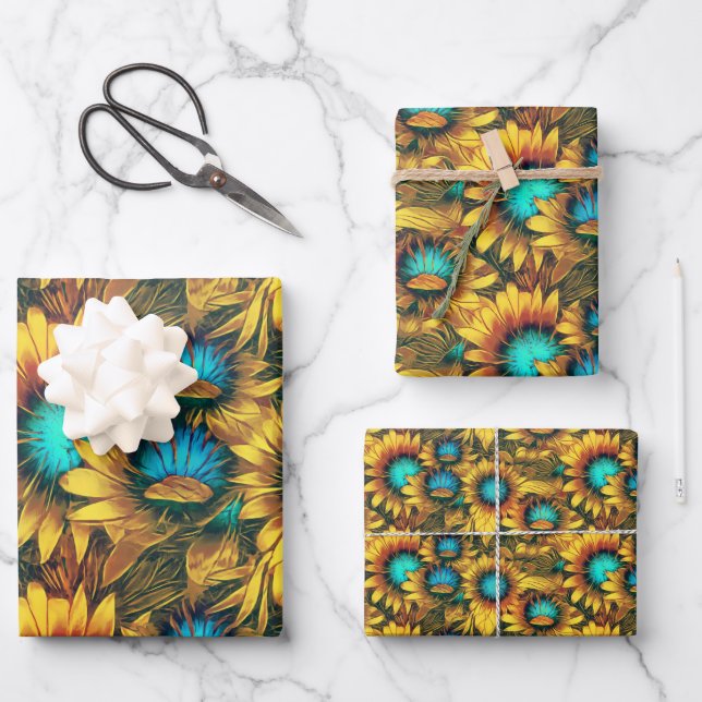 Beautiful Sunflower Yellow Teal Abstract Pattern Wrapping Paper Sheet (Front)