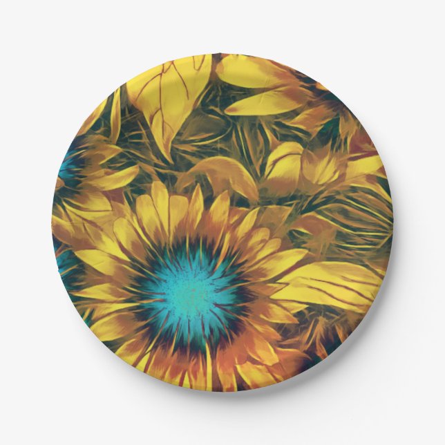 Beautiful Sunflower Yellow Teal Floral Pattern Paper Plate (Front)