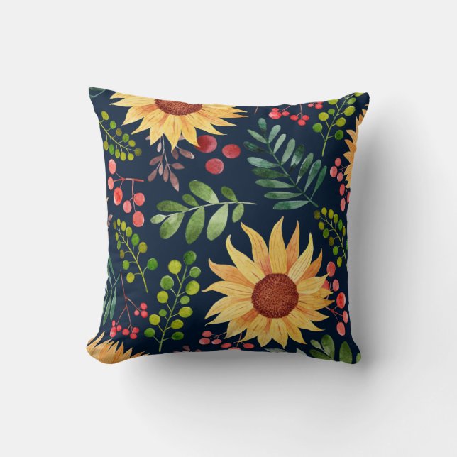 Beautiful Sunflowers and Berries Watercolor  Throw Pillow (Front)