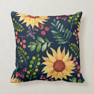 Beautiful Sunflowers and Berries Watercolor  Throw Pillow