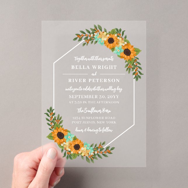 Beautiful Sunflowers Hexagon Frame Floral Wedding Acrylic Invitations (Insitu (Handheld))