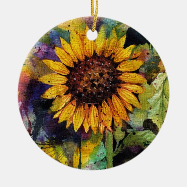 Beautiful Sunflowers In Watercolor Ceramic Ornament (Front)