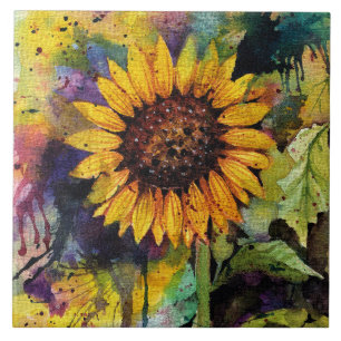 Beautiful Sunflowers In Watercolor Tile