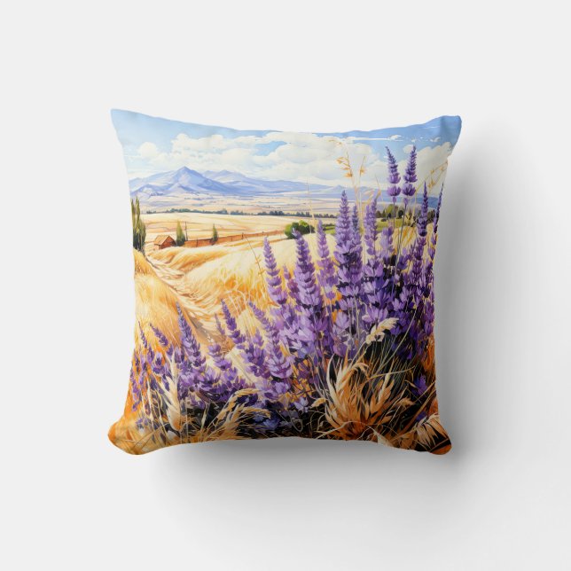 Beautiful Sunny Watercolor Prairie Landscape Throw Pillow (Front)