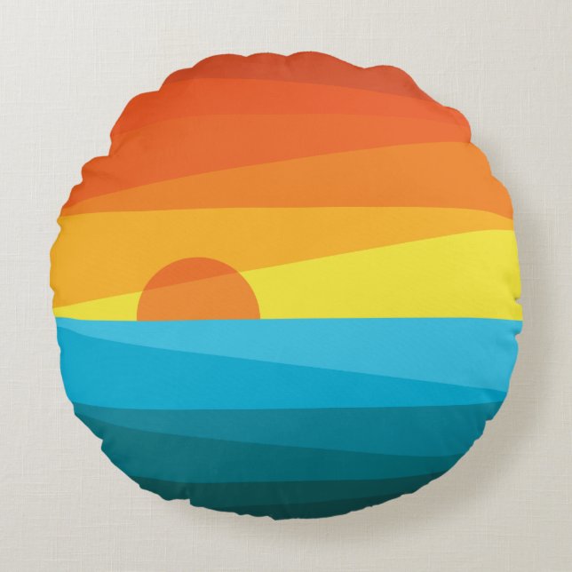 Beautiful Sunset and Sea Waves Round Pillow (Front)