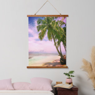 Beautiful Sunset Ocean, Sandy Beach, Palm Trees Hanging Tapestry