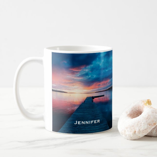 Beautiful Sunset on a Calm Lake Coffee Mug (With Donut)