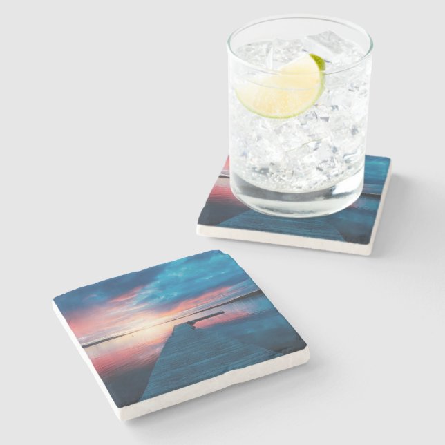 Beautiful Sunset on a Calm Lake Stone Coaster (Side)