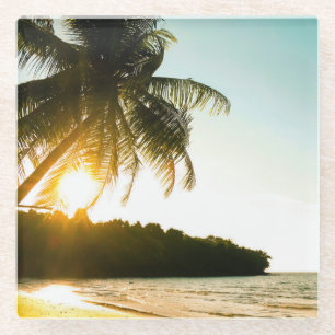 Beautiful Sunset on Tropical Beach with Palm Trees Glass Coaster