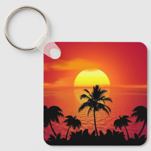 Beautiful Sunset Scene Palm Trees Bright Cool Keychain