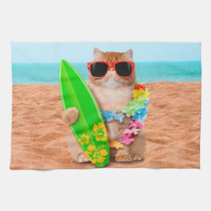 Beautiful surfer cat on the beach kitchen towel
