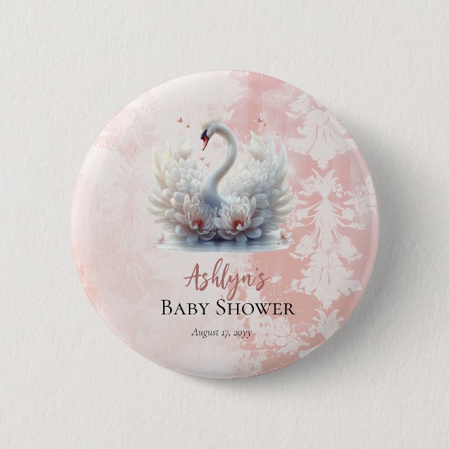Beautiful Swan Floral Damask Baby Shower Favour 2 Inch Round Button (Front)