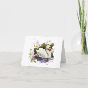 Beautiful Swan in Pond with Flowers BLANK  Card