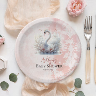 Beautiful Swan Pink Floral Damask Girl Baby Shower Paper Plate