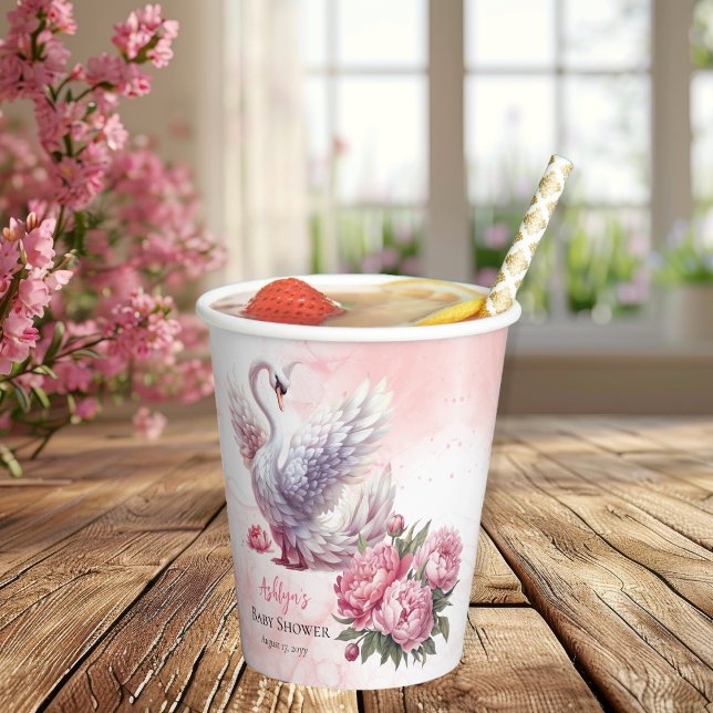 Beautiful Swan Pink Floral Girl Baby Shower Paper Cups (Beautiful Swan Pink Floral Peonies Girl Baby Shower Paper Cups)