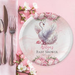 Beautiful Swan Pink Floral Girl Baby Shower Paper Plate<br><div class="desc">Discover the enchanting charm of our "Beautiful Swan Pink Floral Girl Baby Shower" botanical collection. Immerse yourself in the elegance of a swan captured in its most breathtaking moment, wings spread and tail splayed in a graceful display. Delicate pink flowers adorn the four corners, surrounding the swan with a tribute...</div>
