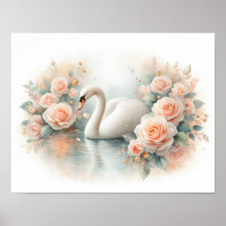 Beautiful Swan & Roses Painting Poster