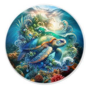 Beautiful Swimming Sea Turtle Ceramic Knob