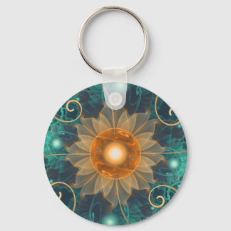 Beautiful Tangerine Orange and Teal Lotus Fractals Keychain