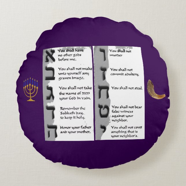 Beautiful Tapestry of the Hebrew Ten Commandments Round Pillow (Front)