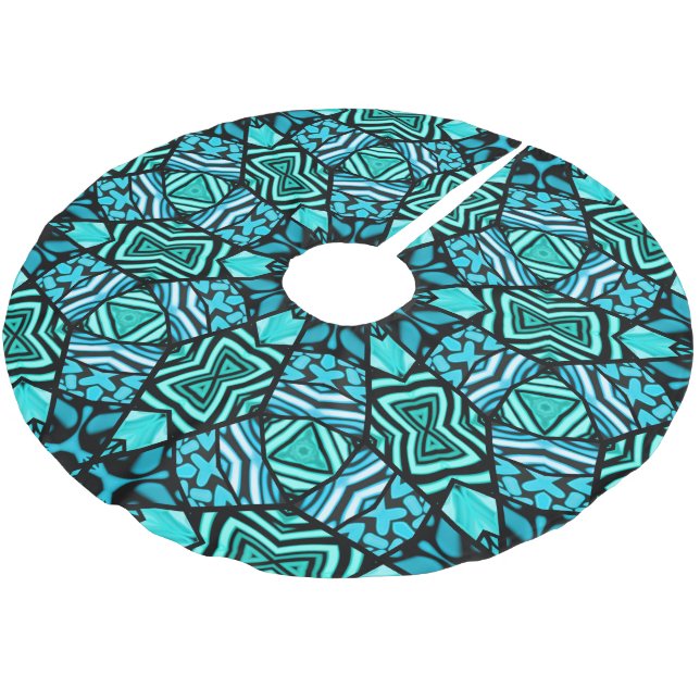 Beautiful Teal Aqua Turquoise Ethnic Mosaic Art Brushed Polyester Tree Skirt (Angled)