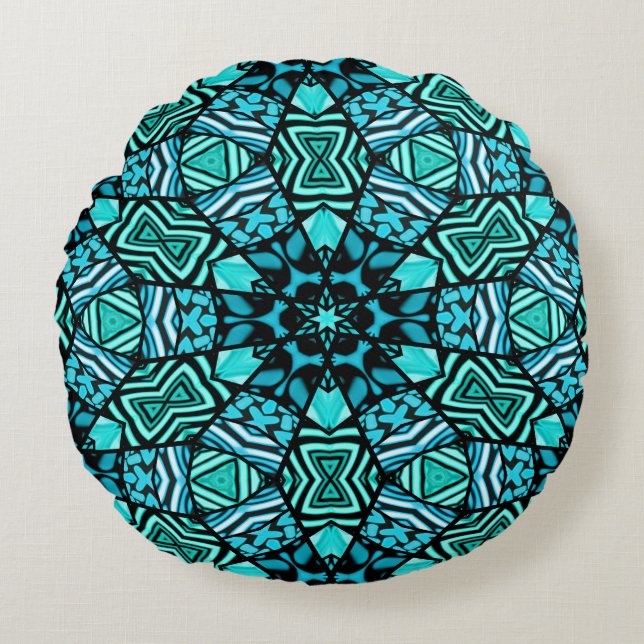 Beautiful Teal Aqua Turquoise Ethnic Mosaic Art Round Pillow (Front)