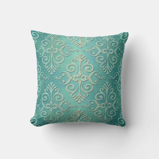 Beautiful Teal Green Distressed Damask Throw Pillow (Front)