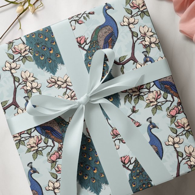 Beautiful Teal Peacocks and Magnolia Flowers Wrapping Paper (Elegant Floral Blue Peacock Birds, Magnolia Branches in Bloom, Soft Blue Background. Hand Drawn.)