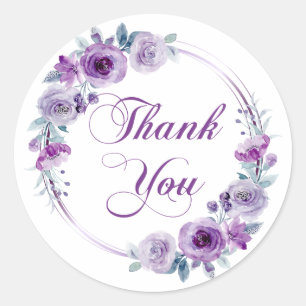 Beautiful Thank You Note Purple Floral Wreath Classic Round Sticker