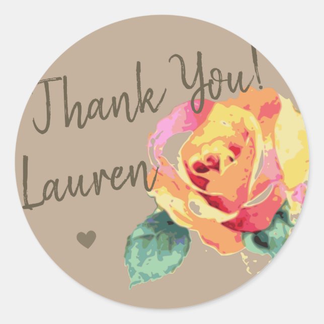 Beautiful Thank You Watercolor Rose Signature Cute Classic Round Sticker (Front)