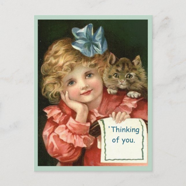 Beautiful Thinking of You Vintage Girl & Cat copy  Postcard (Front)