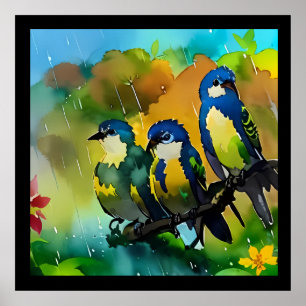 Beautiful Three Colourful Birds Sitting On Branch  Poster