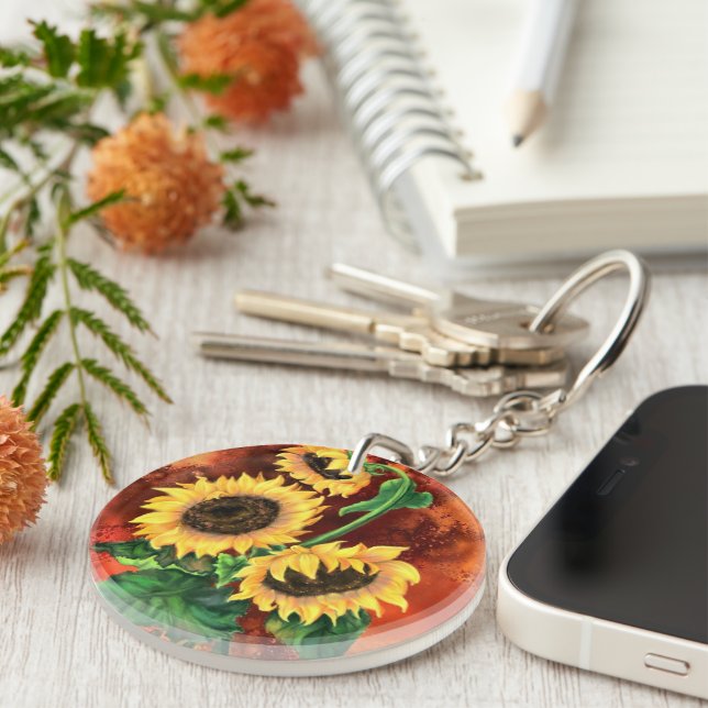 Beautiful Three Sunflowers - Migned Art Painting Keychain (Front Right)