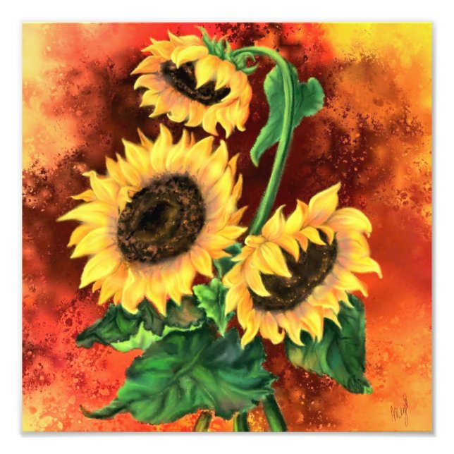Beautiful Three Sunflowers - Migned Art Painting Photo Print (Front)