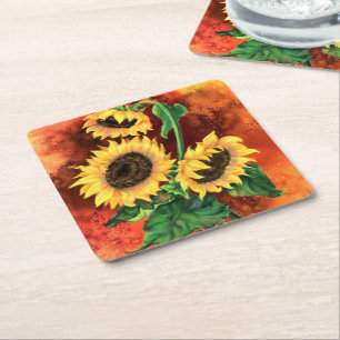 Beautiful Three Sunflowers - Migned Art Painting Square Paper Coaster