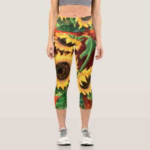 Beautiful Three Sunflowers - Migned Painting Art Capri Leggings