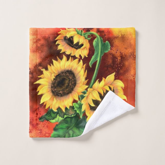 Beautiful Three Sunflowers - Painting  Bath Towel Set (Wash Cloth)