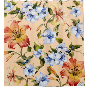 Beautiful tiger lilies and small blue flowers on t