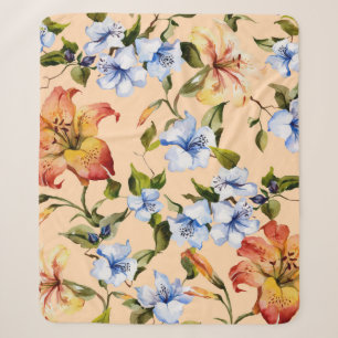 Beautiful tiger lilies and small blue flowers on t sherpa blanket