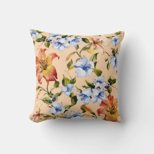 Beautiful tiger lilies and small blue flowers on t throw pillow