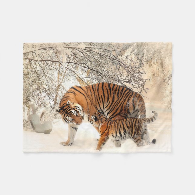 Beautiful Tiger with Cub in the Snow Fleece Blanket (Front (Horizontal))