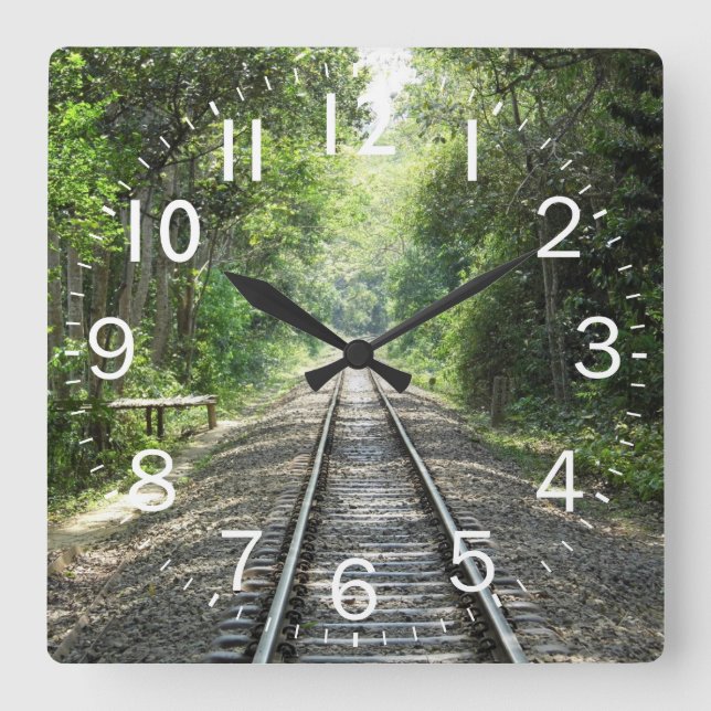 Beautiful Train Track through the Forest scene Square Wall Clock (Front)