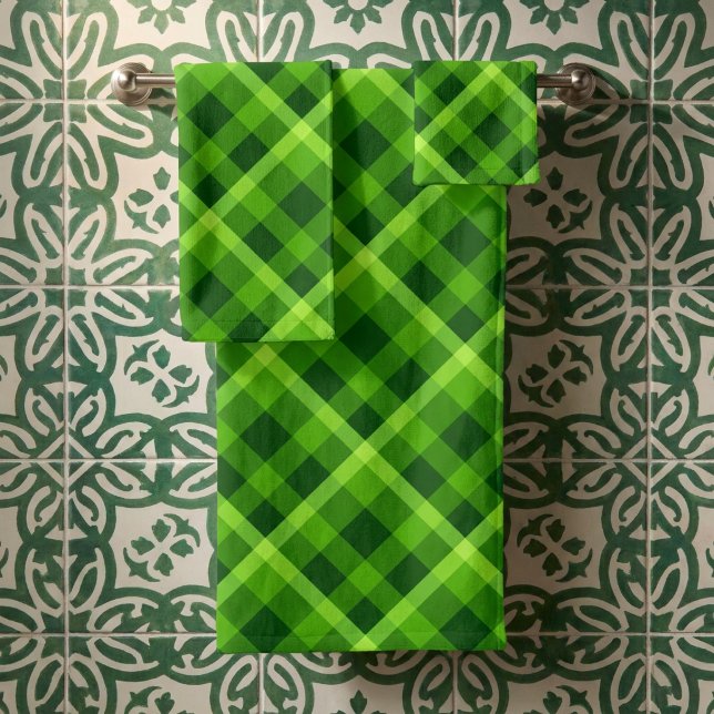 Beautiful Tree Green Plaid Bath Towel Set (Beautiful Tree Green Plaid Bath Towel Set hanging on a towel rack against tiled wall in a bathroom.)