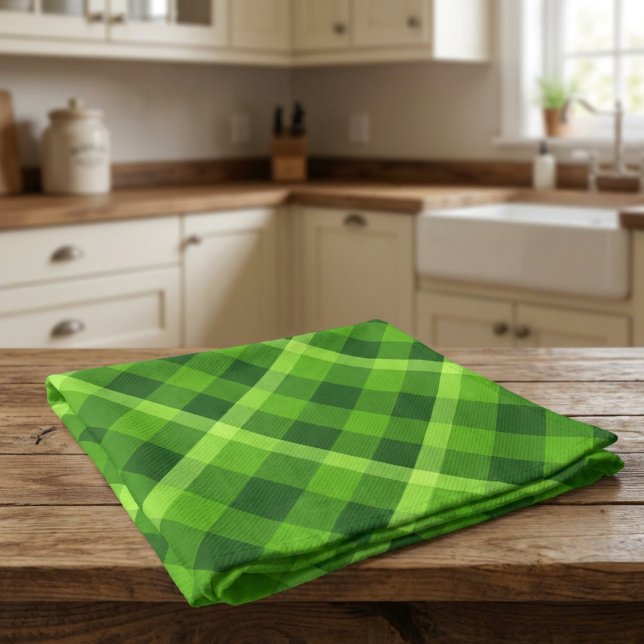 Beautiful Tree Green Plaid Kitchen Towel (Beautiful Tree Green Plaid Kitchen Towel folded on a wooden kitchen counter.)