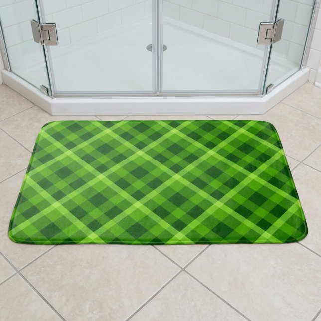 Beautiful Tree Green Plaid Large Bath Mat (Beautiful Tree Green Plaid Large Bath Mat on a tiled floor in front of a shower in a bathroom.)