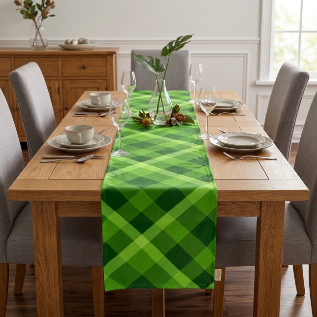 Beautiful Tree Green Plaid Large Table Runner (Beautiful Tree Green Plaid Large Table Runner draped over a table in a dining room.)
