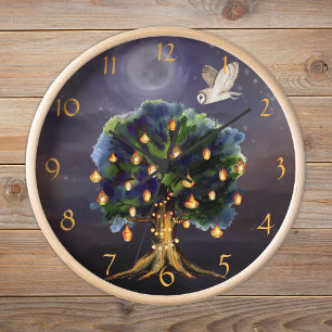Beautiful Tree with Lanterns, Moon and Owl Clock